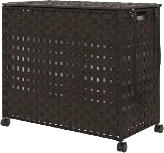 Wasmand Met Wieltjes – Wasbak – Laundry Basket – Wascontainer – Wasmand Rattan – Handgeweven Rattan & 3 Vakken – Inclusief Wielen Met Remmen