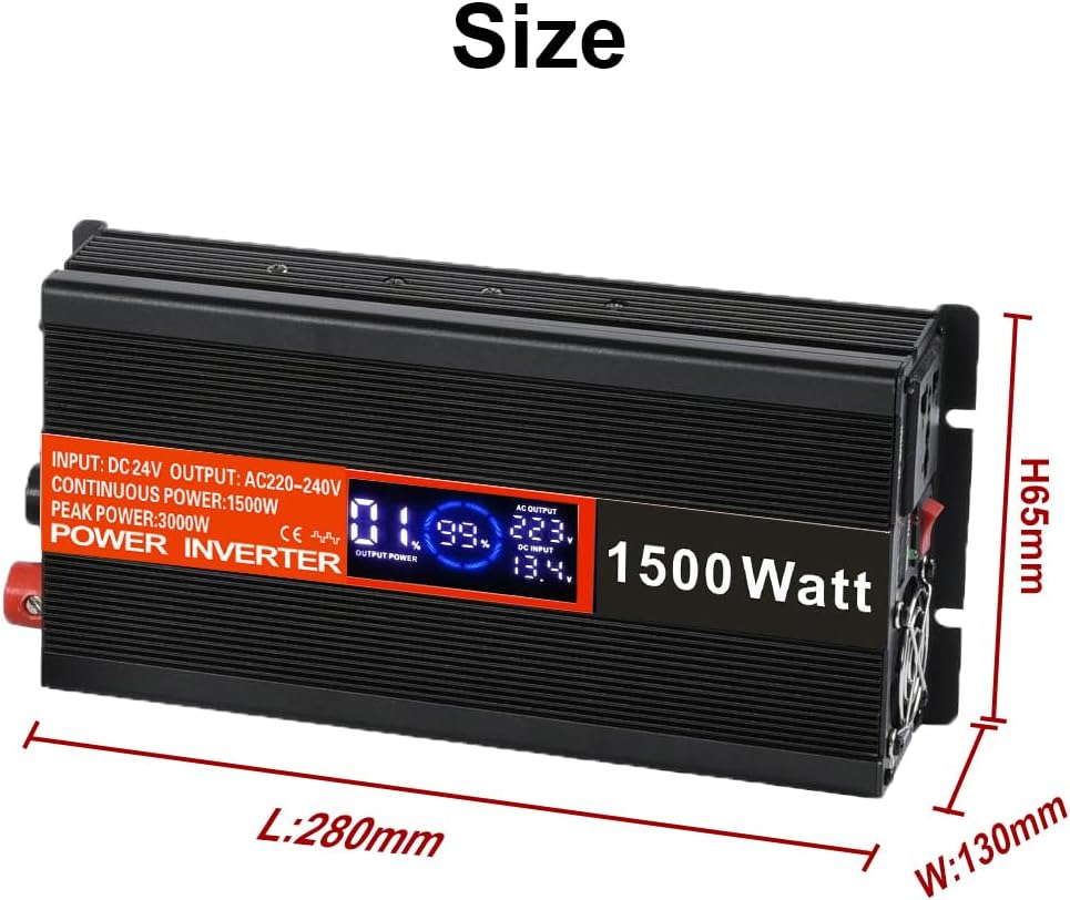 SolaMr 1500W Omvormer DC 24V naar AC 220V/240V met LCD-display en USB-oplaadpoorten Hoogfrequent omvormer voor op het voertuig gemonteerde systemen en kamperen in de wildernis, thuissystemen - 1500W