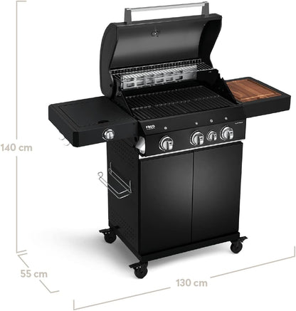 BURNHARD 3 Burners Gas Barbecue FRED Deluxe BLACK Series 3 incl. Rear Burner, Ceramic 900 °C Infrared Burner, Side Cooker, Cast Iron Grill Grate + Folding Side Tables - QUORE