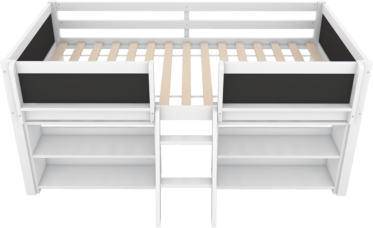 Children's Bed with Shelf, Slatted Frame, Ladder and Fall Protection, Teenage Bed, Single Bed, Wooden Pine Bed (White, 90 x 200 cm) - QUORE