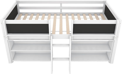 Children's Bed with Shelf, Slatted Frame, Ladder and Fall Protection, Teenage Bed, Single Bed, Wooden Pine Bed (White, 90 x 200 cm) - QUORE