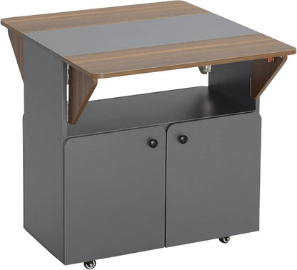 HOMCOM Dining Table Folding Table with Wheels Kitchen Table with Two Folding Table Tops Dining Room Table Sideboard with Storage for Living Room Kitchen Chipboard Light Grey+Dark Brown 70 x 83 x 75 cm - QUORE
