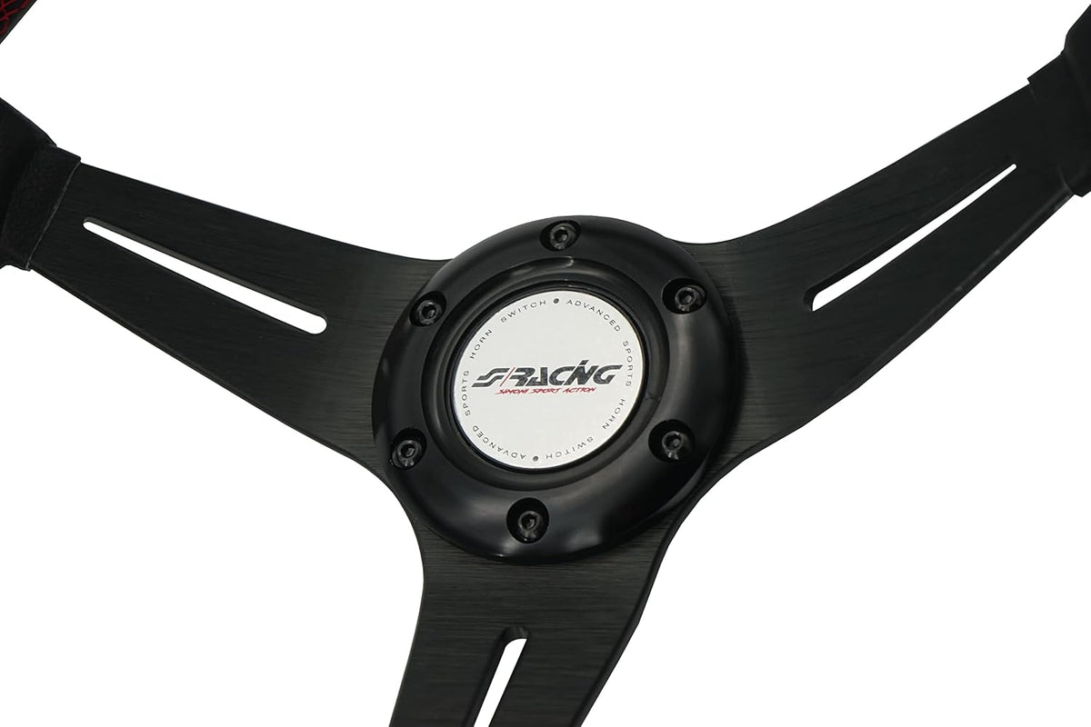 Sportief Universeel Stuur – Sportstuur – Leren Stuur – Auto Stuur – Racing Stuur – Echt Zwart Leer – Rode Stiksels – Diameter 350 mm
