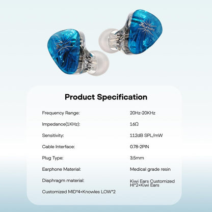 Linsoul Kiwi Ears Orchestra Lite Performance Custom 8BA in-Ear Monitor IEM met Afneembare 4-aderige 7N Zuurstofvrij Koper OFC-kabel, Handgemaakte Faceplate voor Audiofiele Studiomuzikant(Blauw)