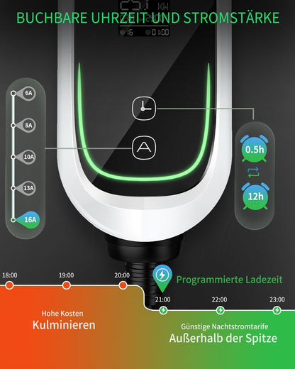 Mobiele Wallbox 11 kW [3-fasig, 12 m, 6-16 A], EV oplader met instelbaar laadvermogen en timerfunctie, type 2 oplaadkabel CEE-stekker voor model Y/3, ID.3, i4, EQB, e-tron enz., wit