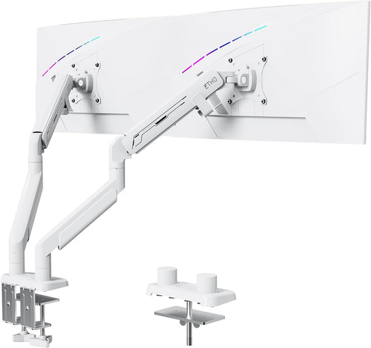Dubbele monitorarm – Monitorhouder – Monitorbeugel – Schermhouder – Bureausteun – Wit – Gasveer met 17-47 cm hoogteverstelling – Voor 17-38 inch en 2-14 kg per scherm