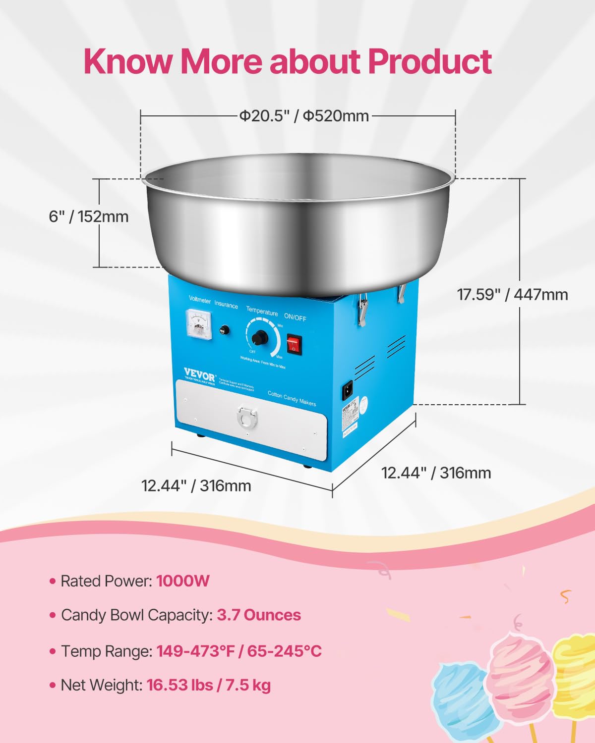 VEVOR 1000 W Electric Cotton Candy Maker with Stainless Steel Holder 52 cm Sugar Spoon and Tray for Birthdays and Family Celebrations Blue 520 x 520 x 447 mm