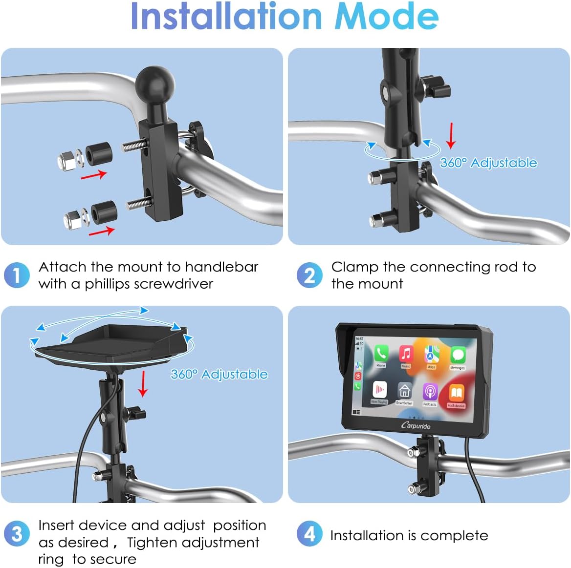 Motorfiets CarPlay Scherm – Draadloze CarPlay – Android Auto – Moto Display – Motor GPS Touchscreen – 7 Inch HD IPS – IP67 Waterdicht – Dual Bluetooth Connectivity