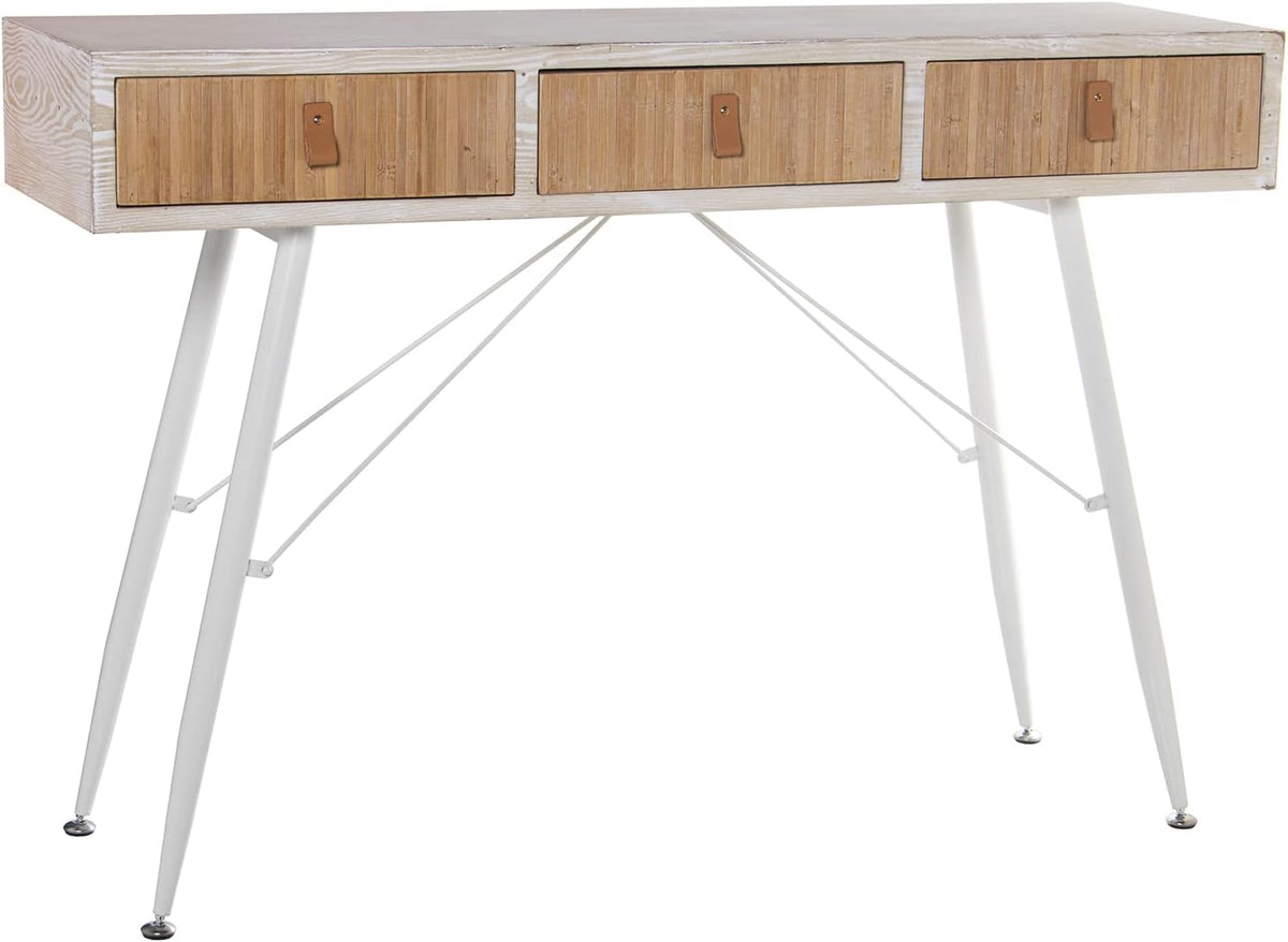 DRW Ingangtafel met 3 schuifladen van hout en metalen poten in wit en natuurlijk, 120 x 35 x 81 cm