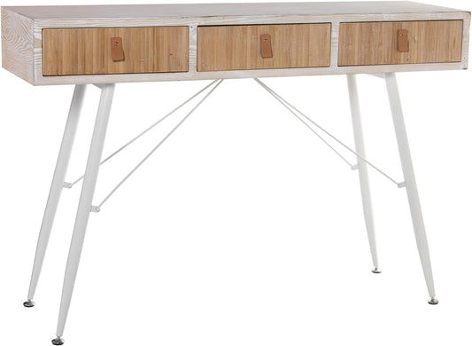 DRW Ingangtafel met 3 schuifladen van hout en metalen poten in wit en natuurlijk, 120 x 35 x 81 cm