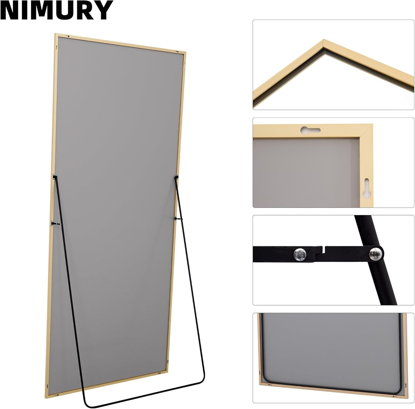 Rechthoekige full-body spiegel, 192 x 85 cm staande spiegel met gouden aluminium frame, grote wandspiegel vloerspiegel voor slaapkamer, entree, hal, woondecoratie