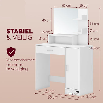 CASARIA Dressing Table Jocelyn 90x40x140 cm Mirror Cabinet Drawer 3 Shelves Bedroom Makeup Table Cosmetics Table Modern Wood White - QUORE