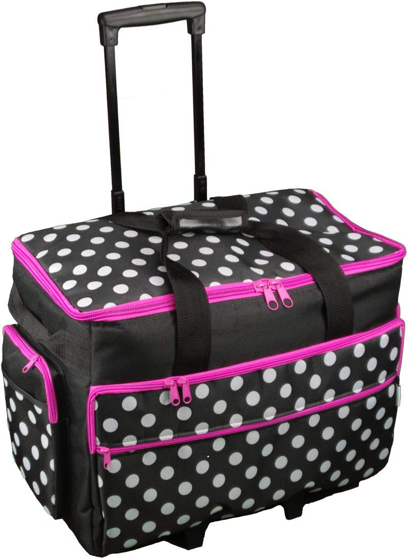 Trolleytas voor naaimachine met wielen – Naaimachinetas – Transporttas – Opbergtas – Beschermtas – Zwart met Witte Stippen en Roze Rand – 53 x 41 x 29 cm – Dubbele Wielen en Uitschuifbare Vergrendelbare Telescoopgreep