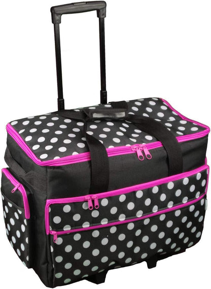 Trolleytas voor naaimachine met wielen – Naaimachinetas – Transporttas – Opbergtas – Beschermtas – Zwart met Witte Stippen en Roze Rand – 53 x 41 x 29 cm – Dubbele Wielen en Uitschuifbare Vergrendelbare Telescoopgreep