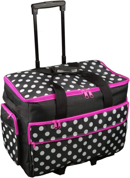 Trolleytas voor naaimachine met wielen – Naaimachinetas – Transporttas – Opbergtas – Beschermtas – Zwart met Witte Stippen en Roze Rand – 53 x 41 x 29 cm – Dubbele Wielen en Uitschuifbare Vergrendelbare Telescoopgreep