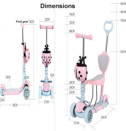 Vijf-in-one pedaal scooter voor jongens en meisjes, 3-wiel kinderen trolley, peuter scooter met drie versnellingen verstelbare hoogte,multi-colored led-verlichting wielen,Green