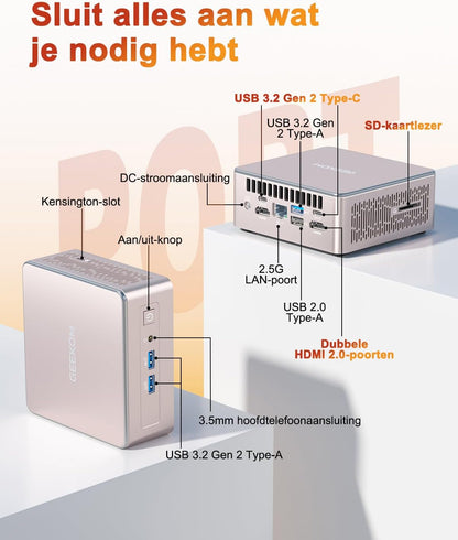 GEEKOM A5 2025 Edition Mini PC, with AMD Ryzen 5 7430U, 16GB DDR4 RAM, 512GB SSD, Windows 11 Pro, 4K UHD, Quad Display, 2× USB-C, 2× HDMI, SD Card Slot, Compact Desktop PC, with Wall Mount - QUORE