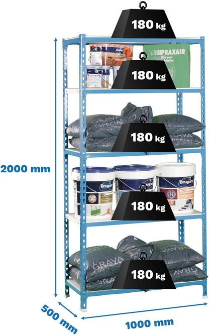 Simon Rack Stellingkast Metaal, 2000x1000x500 mm, Buigpunt 180, 5 Verstelbare Niveaus, Metalen Planken, Robuust Opslagrek voor Garage, Kelder en Werkplaats, Blauw/Wit – SimonClick