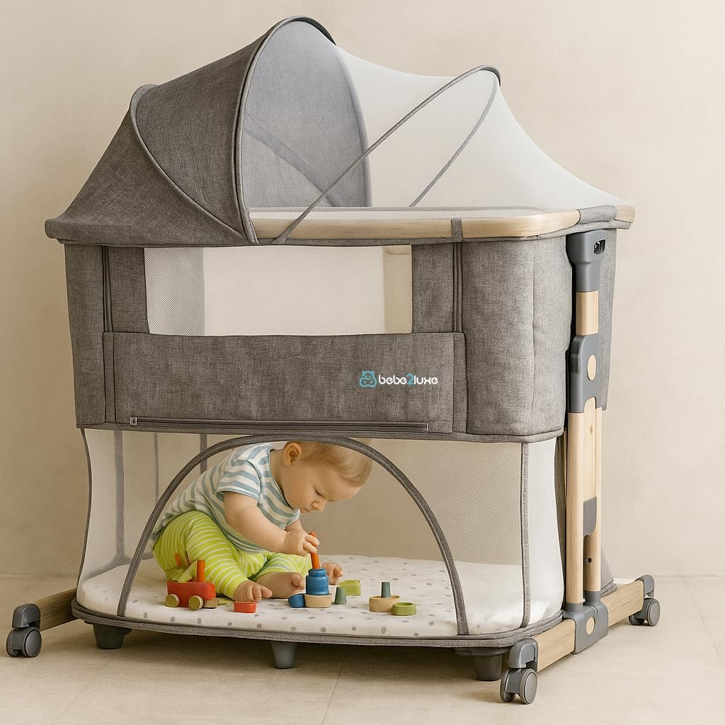 BEBE2LUXE Leo 3-in-1 Baby Crib - Height Adjustable, Safe Cot, Modular Playpen from Birth to 36 Months in Park Mode - Grey - QUORE