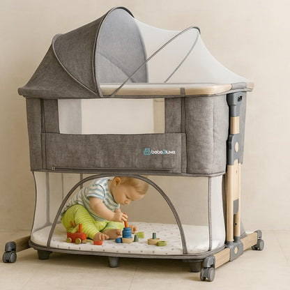 BEBE2LUXE Leo 3-in-1 Baby Crib - Height Adjustable, Safe Cot, Modular Playpen from Birth to 36 Months in Park Mode - Grey - QUORE