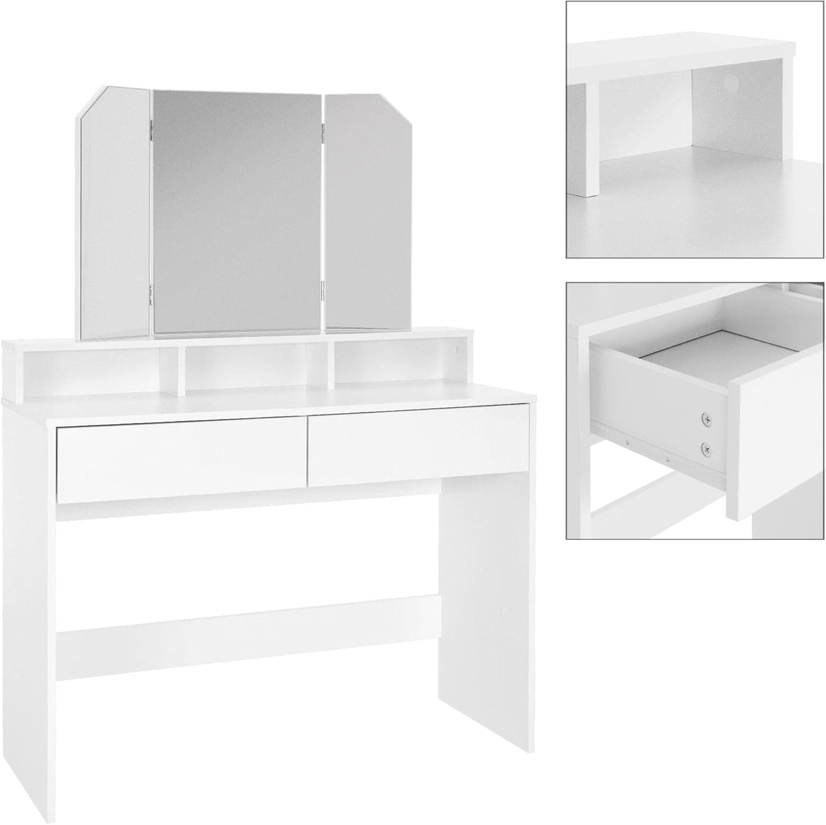 ML-Design Makeup Table with Folding Mirror and Stool, 100 x 40 x 140 cm, Modern White, with 2 Drawers, 3 Open Compartments, Dressing Table, Wooden Pane, Bedroom - QUORE