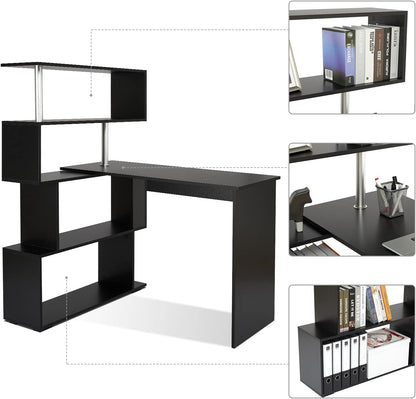 Meerveil Computertafel, L-vormig, hoekbureau, met 360 graden draaibare boekenkast voor werkkamer, woonkamer, kantoor, 157 x 45 x 130,5 cm, zwart