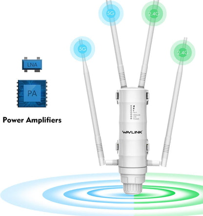 WAVLINK AC1200 Outdoor Mesh Extender/router, Long Range IP65 waterdicht, wifi-repeater met passieve/actieve POE, dual-band 5G + 2,4G, 4x7dBi Omni-antennes, ondersteunt Fat/Fit AP