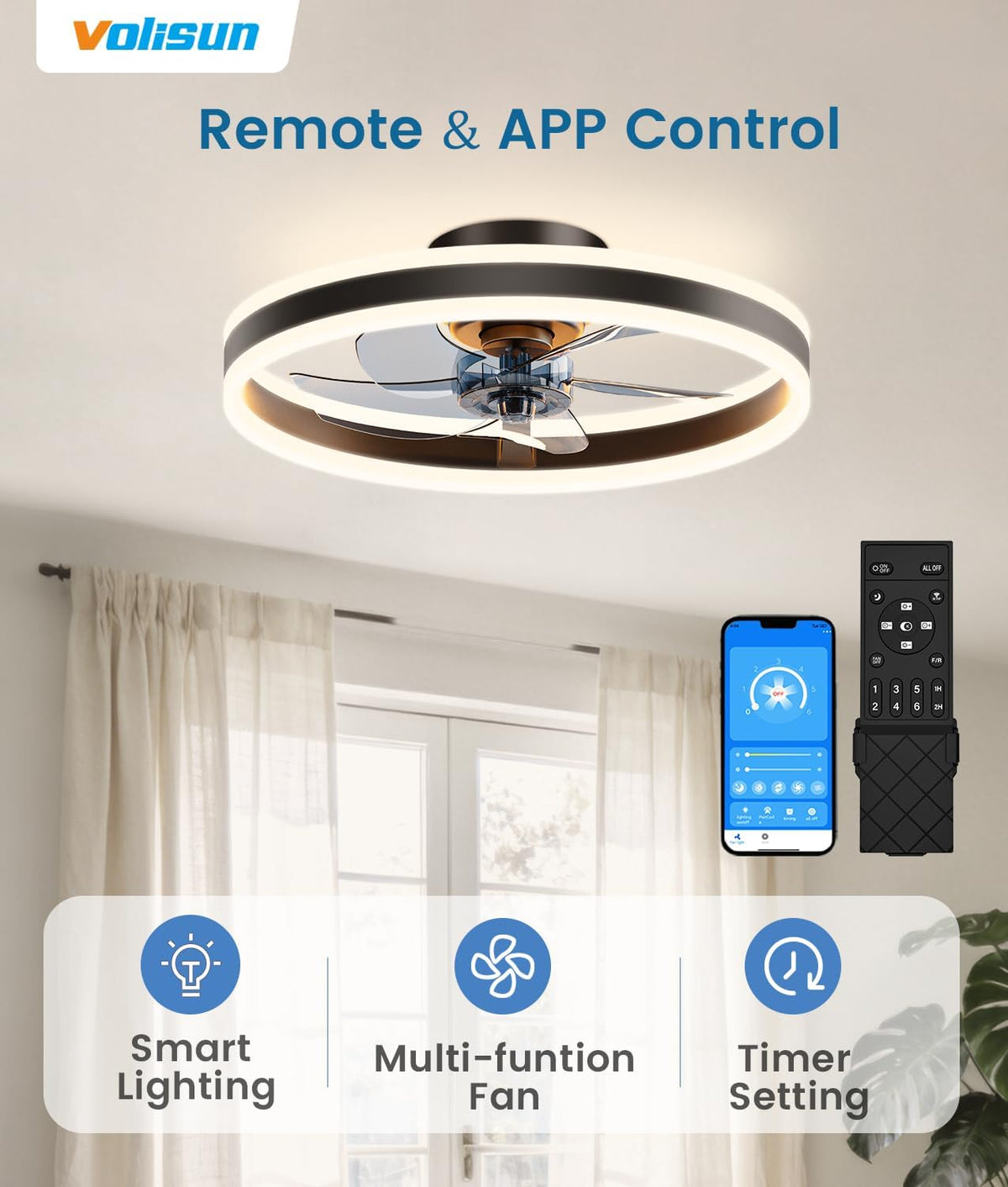 VOLISUN Plafondventilator met licht en afstandsbediening, 6 snelheden en dimbaar, moderne ventilator, stille led-plafondventilator voor slaapkamer en woonkamer (zwart, 59,5 cm)