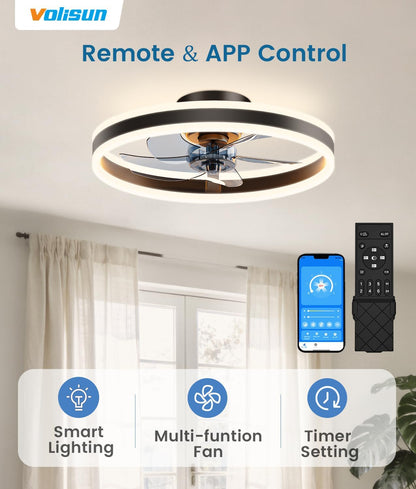 VOLISUN Plafondventilator met licht en afstandsbediening, 6 snelheden en dimbaar, moderne ventilator, stille led-plafondventilator voor slaapkamer en woonkamer (zwart, 59,5 cm)