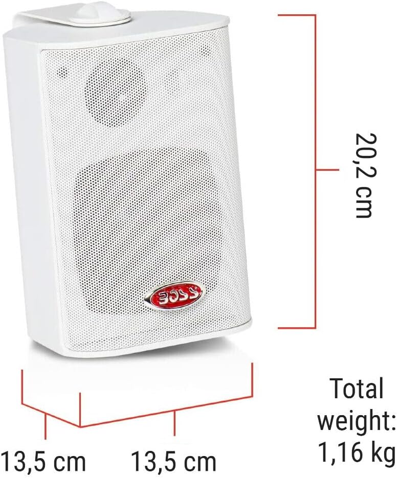 KIT SET VOOR BOSS AUDIO SYSTEMS MR4.3W 2 witte 3-weg speakers, 100 watt rms 200 watt max, 4 ohm, waterdicht, zwembad, boot, binnen en buiten + montagebeugels inbegrepen, per paar