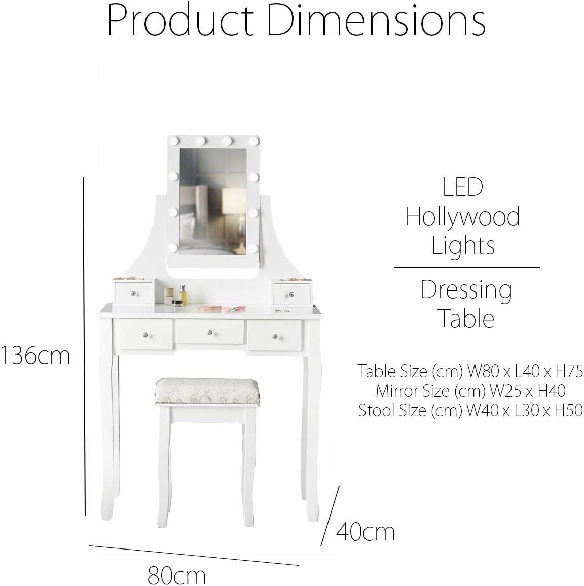 CARME Dressing Table with Mirror LED Lights 5 Drawers Stool Set Makeup Jewelry Organizer Bedroom Furniture - QUORE