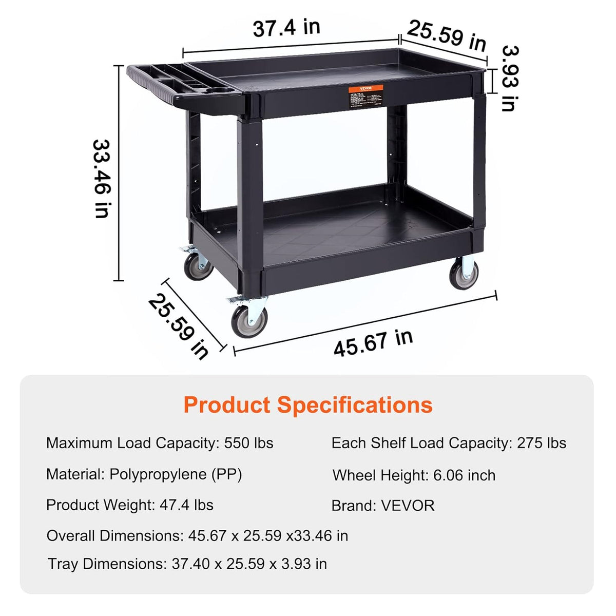 VEVOR Serving trolley 116 x 65 x 85 cm transport trolley 2 shelves total capacity 250 kg 125 kg/rack 360° swivel wheels (2 with brakes) with handle for warehouse, garage, cleaning