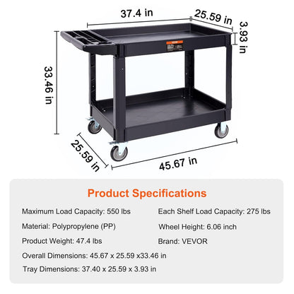 VEVOR Serving trolley 116 x 65 x 85 cm transport trolley 2 shelves total capacity 250 kg 125 kg/rack 360° swivel wheels (2 with brakes) with handle for warehouse, garage, cleaning