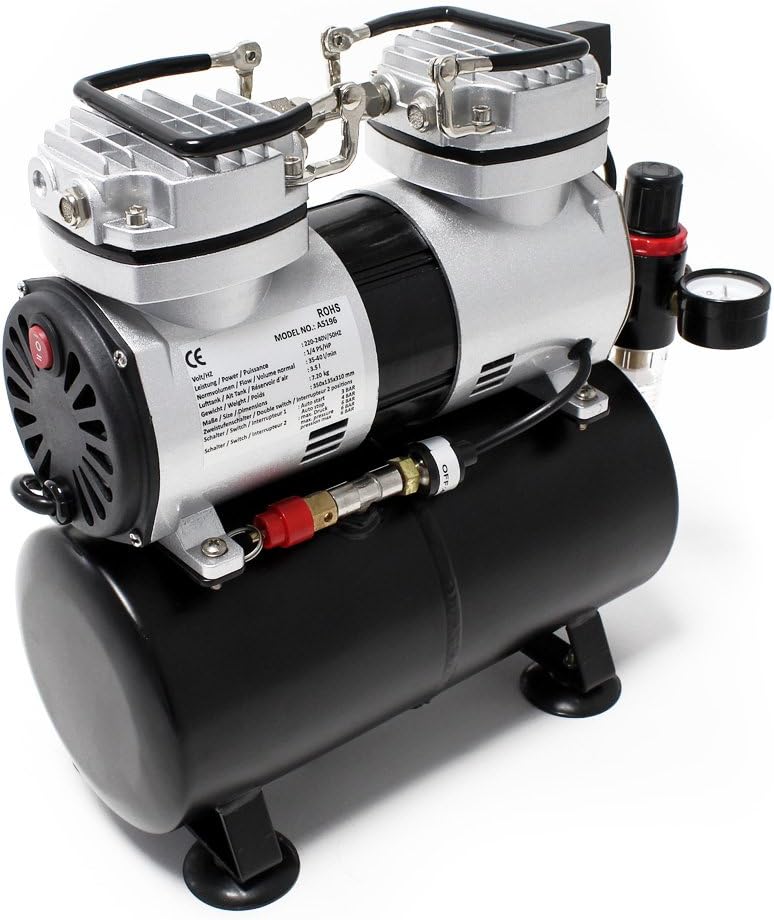 Wiltec airbrush compressor AS196 met luchttank 2-cilinder zuiger 6 bar automatische uitschakelfunctie