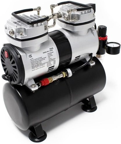 Wiltec airbrush compressor AS196 met luchttank 2-cilinder zuiger 6 bar automatische uitschakelfunctie