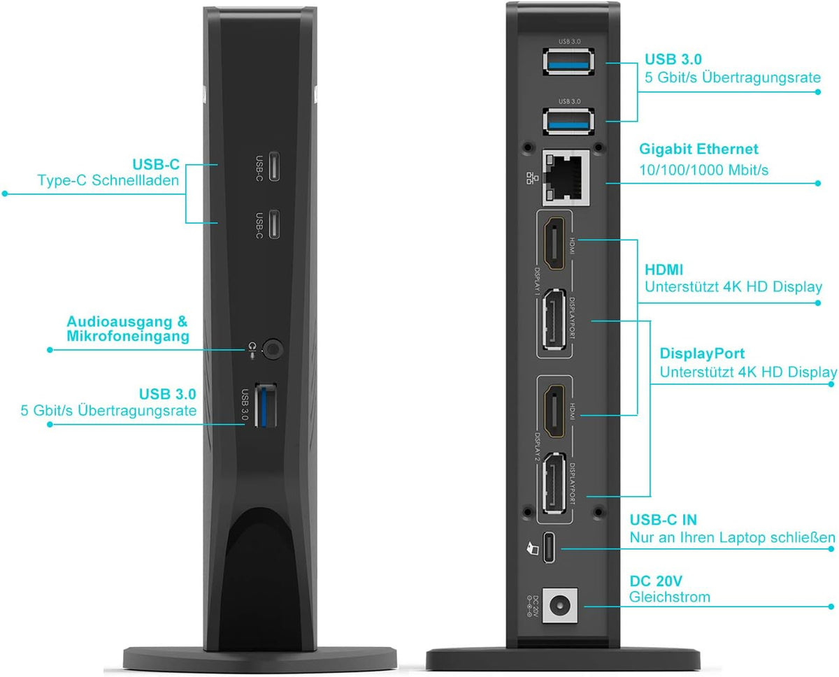 WAVLINK USB 3.0 / USB C Universal Docking Station ondersteunt dubbele 4K-video-uitvoer (2 DisplayPort-poorten en 2 HDMI, Gigabit Ethernet, 5 USB3.0-poorten, 2-in-1 audio) vanaf laptop, pc of Mac