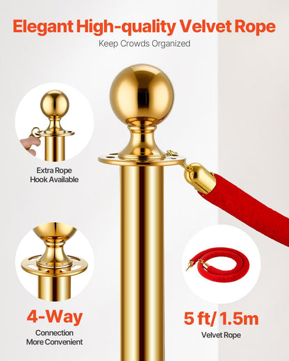 VEVOR Closing posts locking (6 pieces) for controlling crowds with 4 red velvet ropes (1.5 m long), stainless steel closing stand with refillable base for exhibitions gold