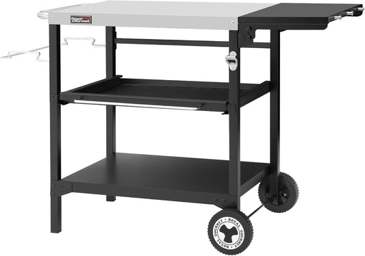 Royal Gourmet Outdoor grilltafel, 3 etages, serveerwagen met 70 x 50 cm roestvrij stalen tafelblad en 30 x 50 cm inklapbaar zijplank, bijzettafel, barbecuetafel, tuintrolley met push-pull-rek