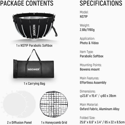 NEEWER Parabolic Softbox Kit, 23,6 inch Bowens Mount Soft Box met lichtdiffusors voor studiofotografie, video-opname, streamingverlichting, compatibel met Aputure 120d, compatibel met Godox SL60w