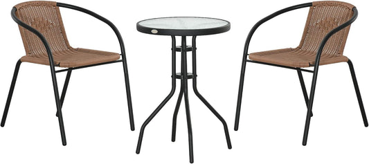 Tuinstoelen - Tuinmeubelenset - Tuin Eettafelstoelen - Rotan Bistroset - Moderne Stijl - Stapelbaar - Weerbestendig - Stabiel - Onderhoudsvriendelijk - 50 x 72 cm Tafel - 56 x 58 x 72.5 cm Stoel - Bruin