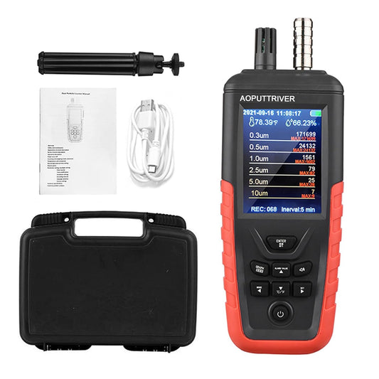 Luchtkwaliteitsmonitor, CO2-meter, deeltjesteller Home Air Quality tester met 6-kanaals PM0.3/0.5/1.0/2.5/5/10 om detectie met luchtvochtigheid, temperatuur, gegevensoverdracht/opslag