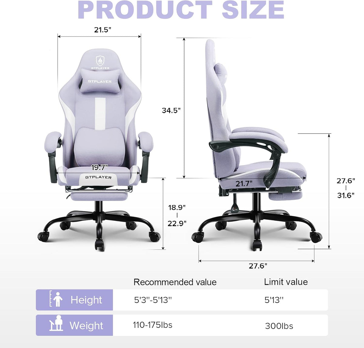GTPLAYER Gaming Chair, Gamers Chair, Breathable High Quality Fabric Office Chair, Ergonomic PC Chair, Adjustable and Swivel Office Chair with Footrest, Purple - QUORE
