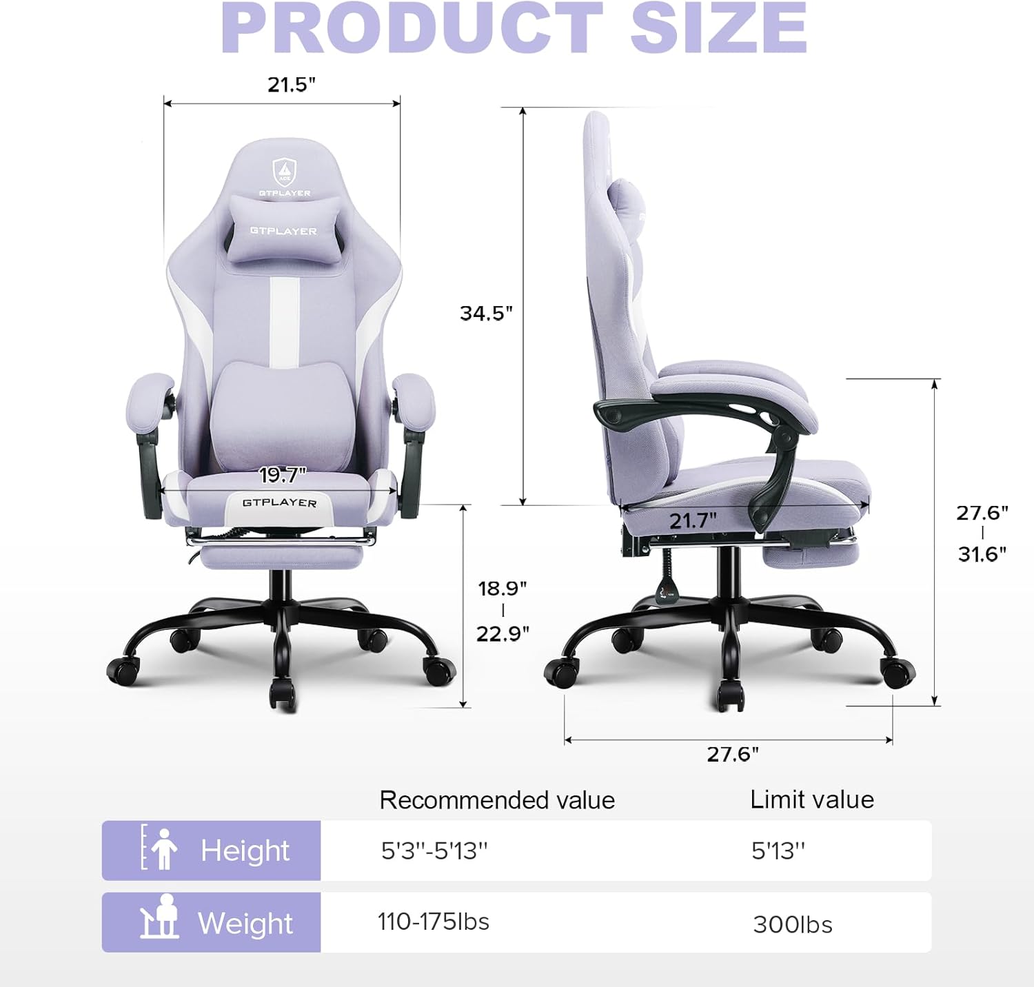 GTPLAYER Gaming Chair, Gamers Chair, Breathable High Quality Fabric Office Chair, Ergonomic PC Chair, Adjustable and Swivel Office Chair with Footrest, Purple - QUORE