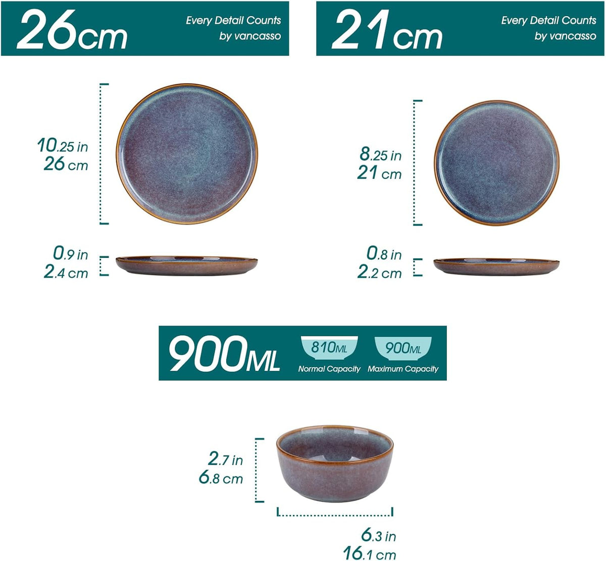 vancasso PLAYA Servies voor 6 personen, 18-delig, reactief glazuur, tafelservies voor 6 personen, modern, aardewerk serviesset, bevat kom, dessertborden en platte borden, vaatwasmachinebestendig