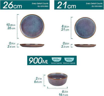 vancasso PLAYA Servies voor 6 personen, 18-delig, reactief glazuur, tafelservies voor 6 personen, modern, aardewerk serviesset, bevat kom, dessertborden en platte borden, vaatwasmachinebestendig