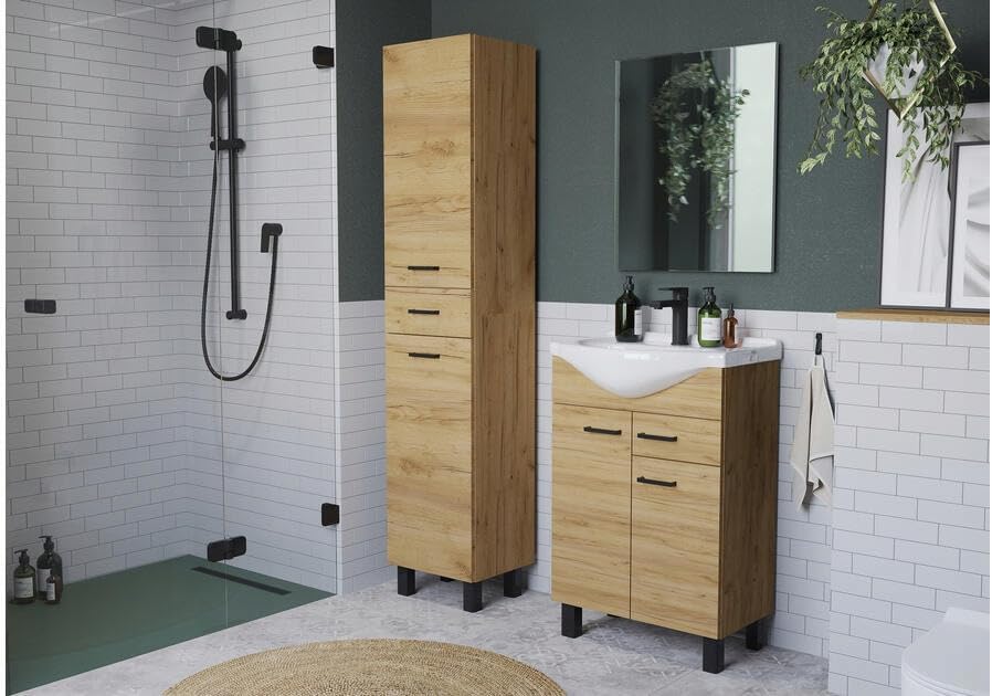 Domodomo Bathroom Cabinet with Washbasin 85 x 50 x 41 cm Freestanding Bathroom Cabinet and Base Cabinet Oak 50 cm, Elegant Set with Fixture Black Matt, Click-Clock-Stopfen, Siphon - QUORE