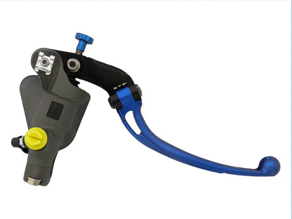 Koppelingspomp – Hydraulische koppelingspomp – Koppelingscilinder – Hoofdkoppelingscilinder – Radiale pomp met geïntegreerde kom en lange blauwe scharnierhendel – Gesmeed aluminium – 19 mm zuigerdiameter en 20 mm hefboomafstand