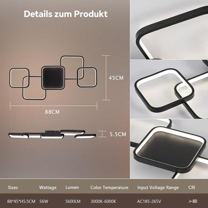 Led-plafondlamp, woonkamerlamp met mat, 56 W, 5600 lm, 3000-6500 K, compatibel met HomeKit, Alexa, Google en IFTTT, dimbare plafondlamp voor slaapkamer en woonkamer, zwart