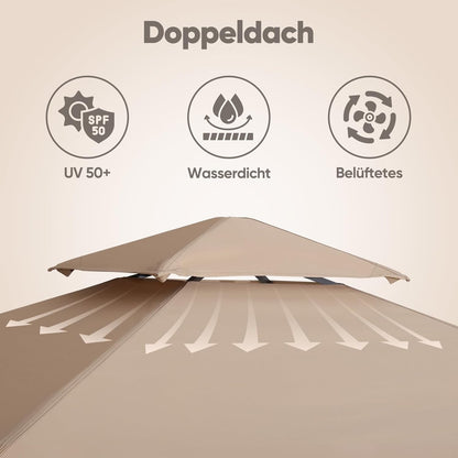 Sekey Paviljoen 3 x 3 cm, waterdicht, stabiel, winterbestendig, met 4 muggennetten, voor tuin, binnenplaats, terras, partytent, tuintent voor festivals, evenementen, feesten, picknick, kaki