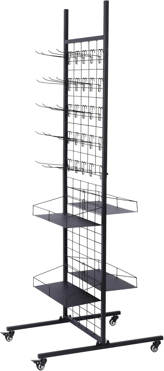 Pegboard displaystand – Displayrek – Winkelrek – Presentatierek – Displaystandaard – Zwart, vrijstaand model met wielen – Inclusief 50 haken en 4 planken – 70 x 51 x 178 cm
